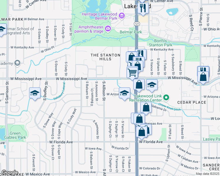 map of restaurants, bars, coffee shops, grocery stores, and more near 7950 West Mississippi Avenue in Lakewood