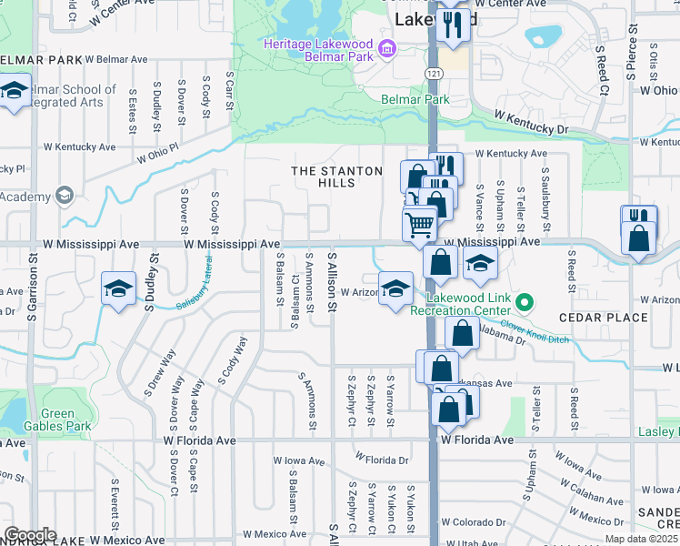 map of restaurants, bars, coffee shops, grocery stores, and more near 7950 West Mississippi Avenue in Lakewood