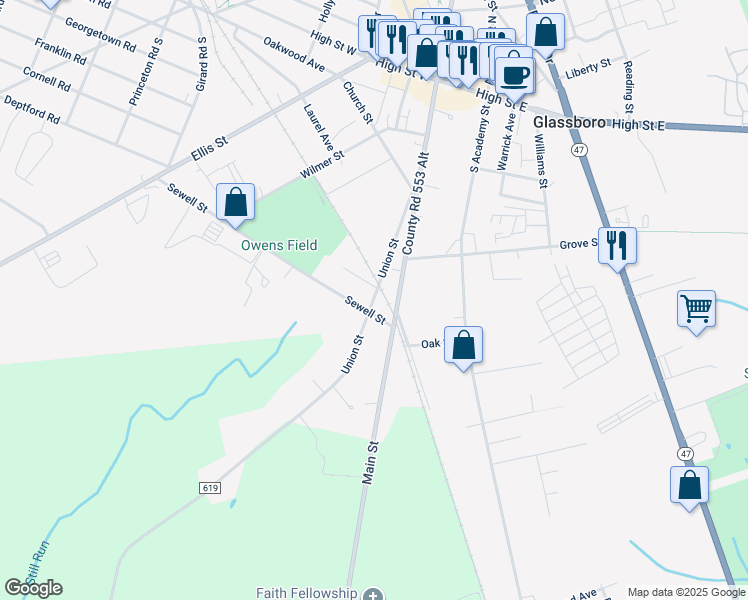 map of restaurants, bars, coffee shops, grocery stores, and more near 118 Union Street in Glassboro