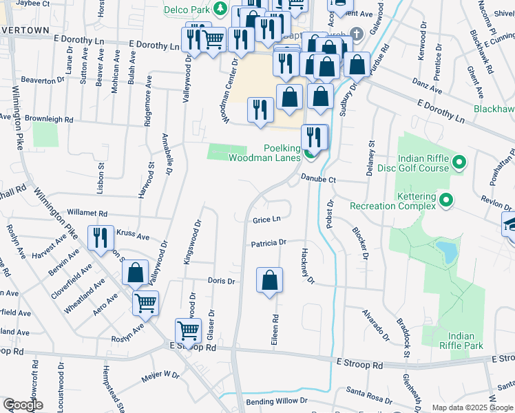map of restaurants, bars, coffee shops, grocery stores, and more near 3390 Woodman Drive in Dayton