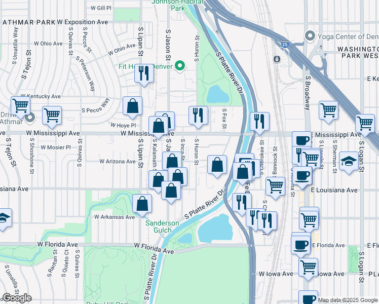 map of restaurants, bars, coffee shops, grocery stores, and more near 1141 South Huron Street in Denver
