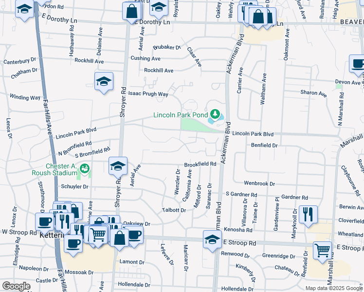 map of restaurants, bars, coffee shops, grocery stores, and more near Residenz Parkway in Kettering