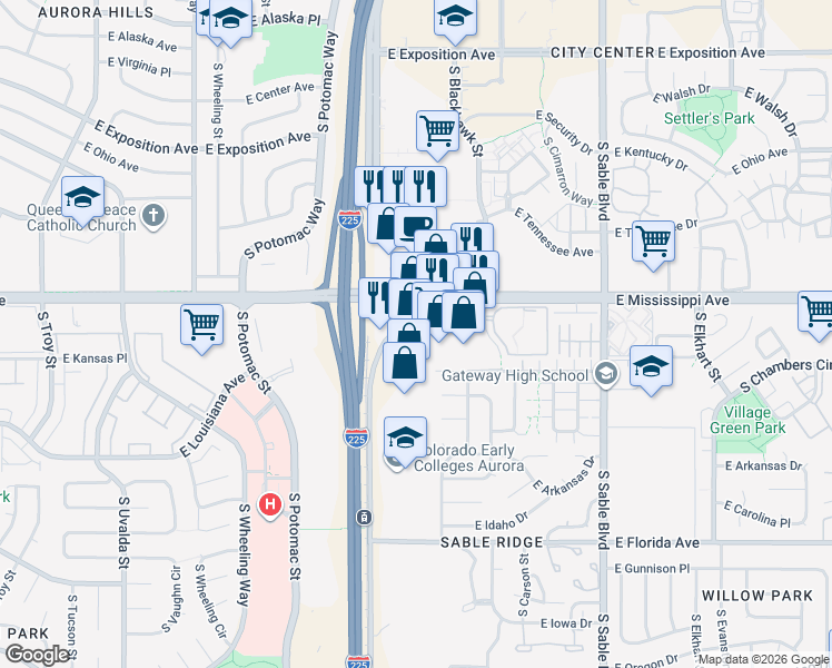 map of restaurants, bars, coffee shops, grocery stores, and more near 1113 South Abilene Court in Aurora