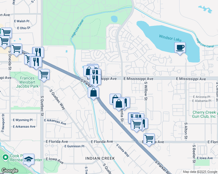 map of restaurants, bars, coffee shops, grocery stores, and more near 1302 South Parker Road in Denver