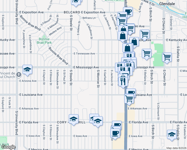 map of restaurants, bars, coffee shops, grocery stores, and more near 1130 South Madison Street in Denver