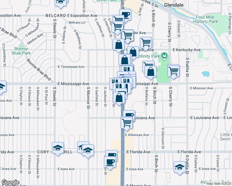 map of restaurants, bars, coffee shops, grocery stores, and more near 1130 South Harrison Street in Denver