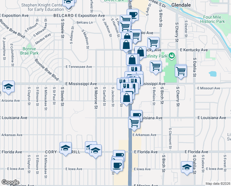 map of restaurants, bars, coffee shops, grocery stores, and more near 1128 South Jackson Street in Denver