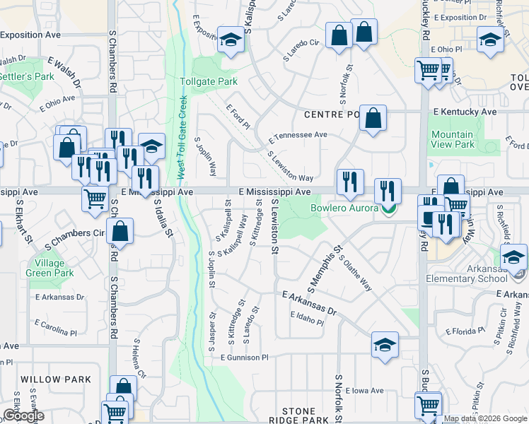 map of restaurants, bars, coffee shops, grocery stores, and more near 1111 South Lewiston Street in Aurora