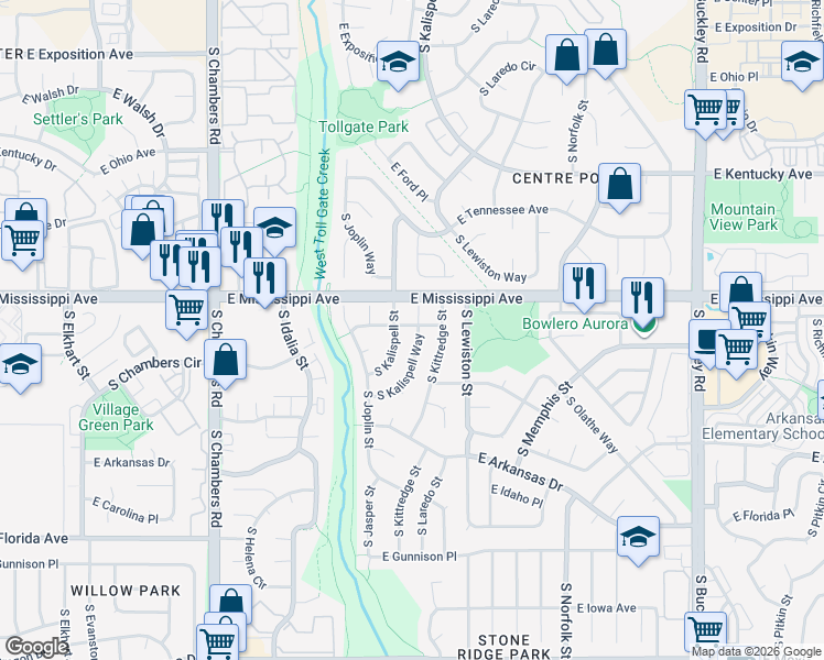 map of restaurants, bars, coffee shops, grocery stores, and more near 1117 South Kalispell Way in Aurora