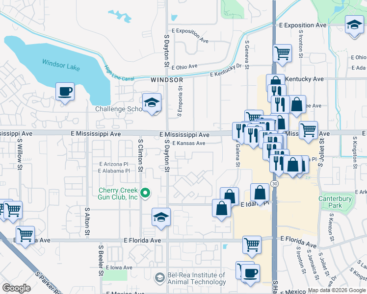map of restaurants, bars, coffee shops, grocery stores, and more near 9829 East Kansas Avenue in Aurora
