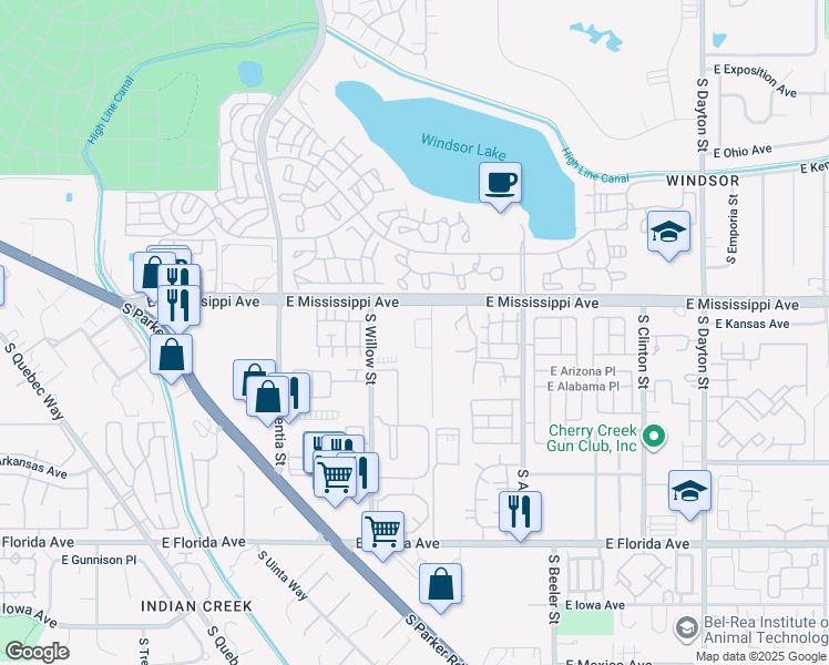 map of restaurants, bars, coffee shops, grocery stores, and more near 1119 South Xenia Street in Denver