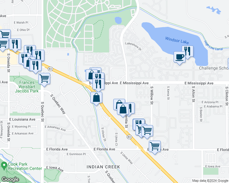 map of restaurants, bars, coffee shops, grocery stores, and more near 1300 South Parker Road in Denver