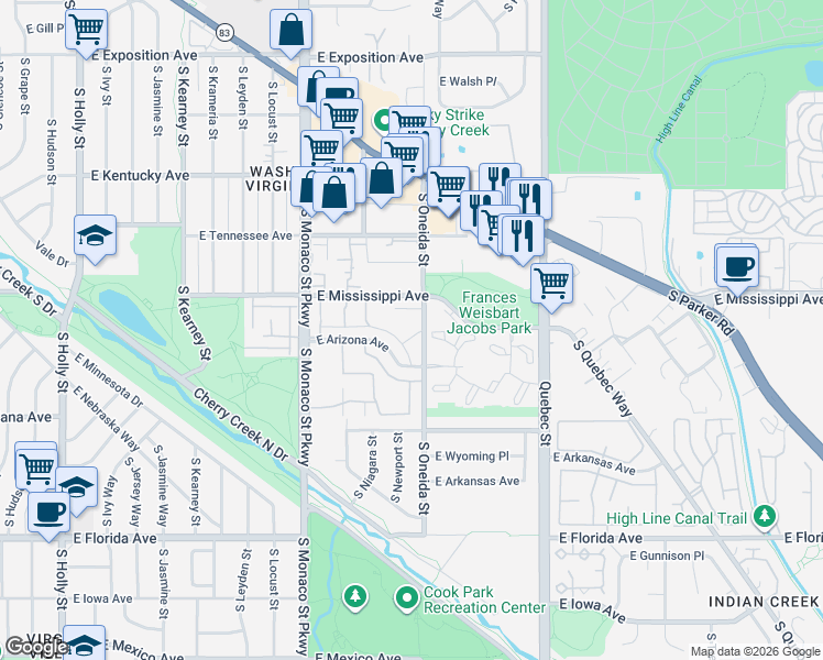 map of restaurants, bars, coffee shops, grocery stores, and more near 6890 East Mississippi Avenue in Denver