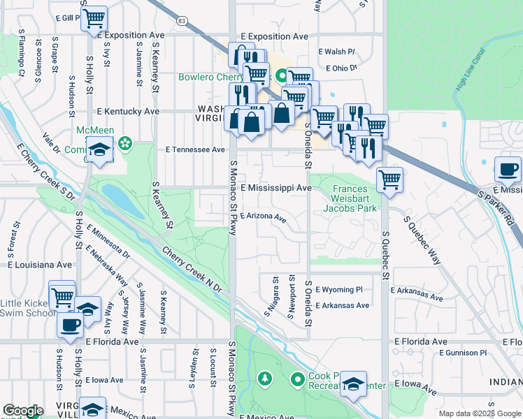 map of restaurants, bars, coffee shops, grocery stores, and more near 6620 East Mississippi Avenue in Denver