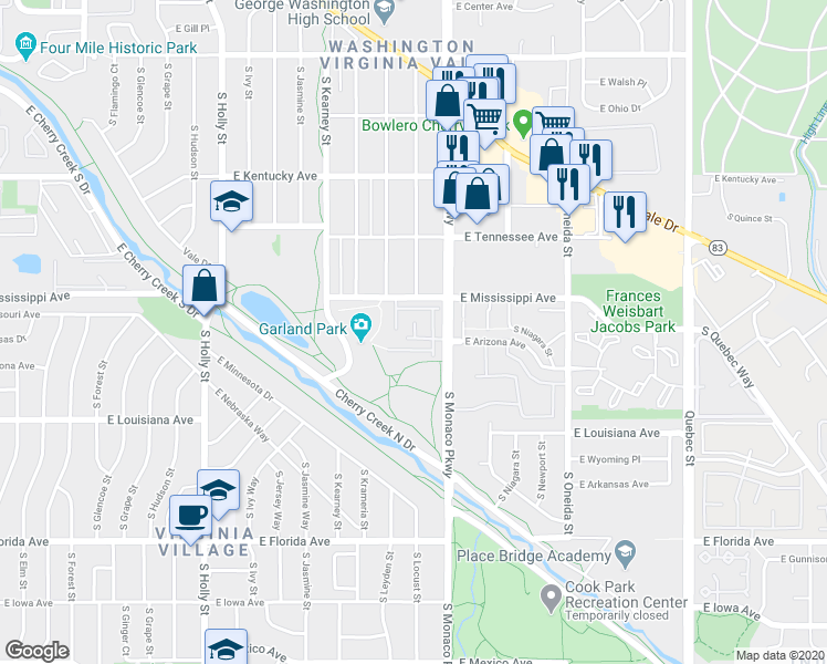 map of restaurants, bars, coffee shops, grocery stores, and more near 6378 East Mississippi Avenue in Denver