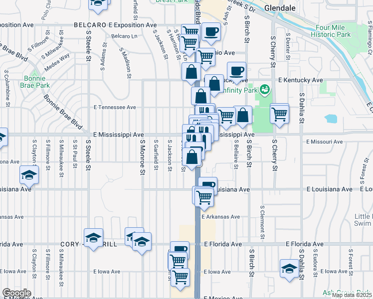 map of restaurants, bars, coffee shops, grocery stores, and more near 1130 South Harrison Street in Denver