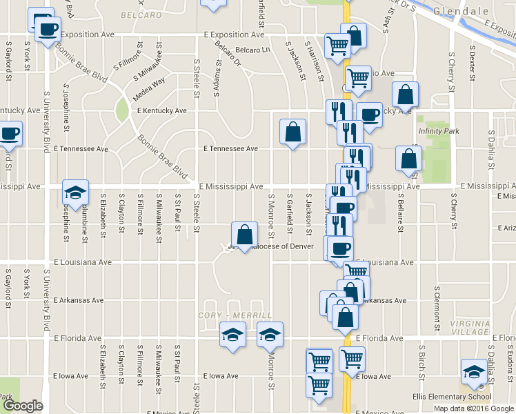 map of restaurants, bars, coffee shops, grocery stores, and more near 1130 South Madison Street in Denver