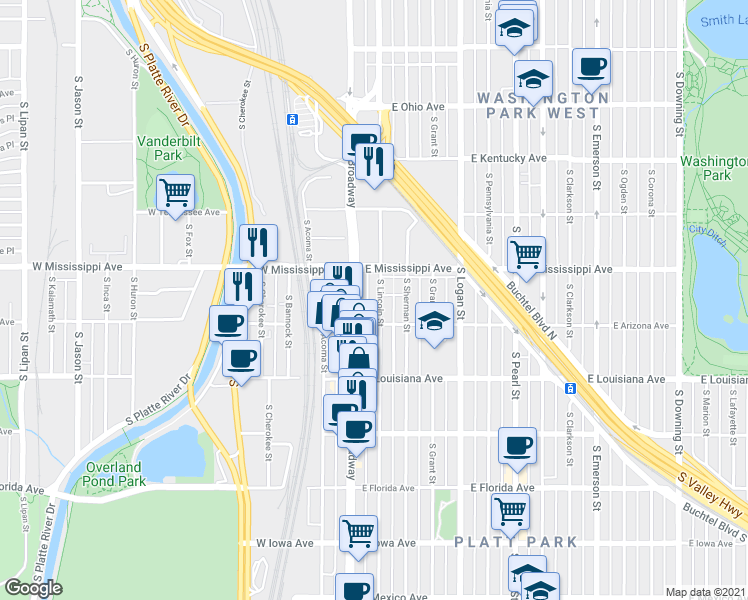 map of restaurants, bars, coffee shops, grocery stores, and more near 99 East Arizona Avenue in Denver