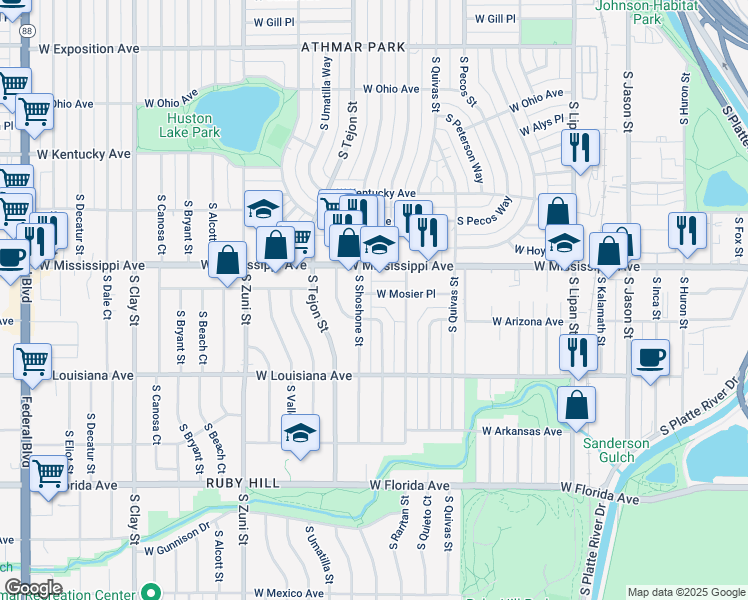 map of restaurants, bars, coffee shops, grocery stores, and more near 1148 South Shoshone Street in Denver
