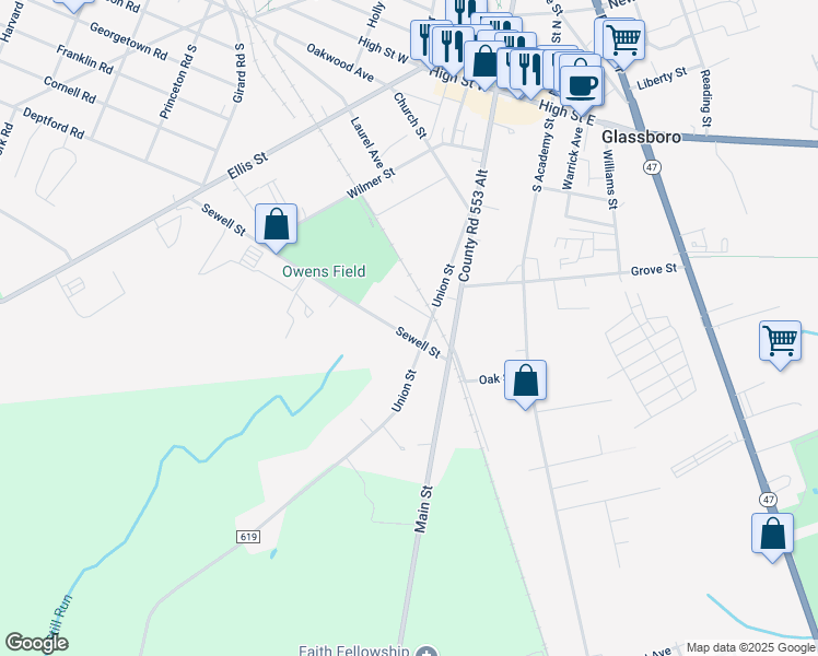 map of restaurants, bars, coffee shops, grocery stores, and more near 6 Glassboro Avenue in Glassboro