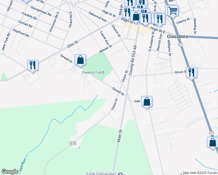 map of restaurants, bars, coffee shops, grocery stores, and more near 36 Sewell Street in Glassboro