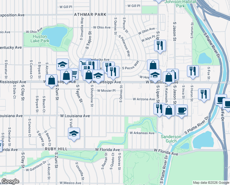 map of restaurants, bars, coffee shops, grocery stores, and more near 1740 West Mosier Place in Denver