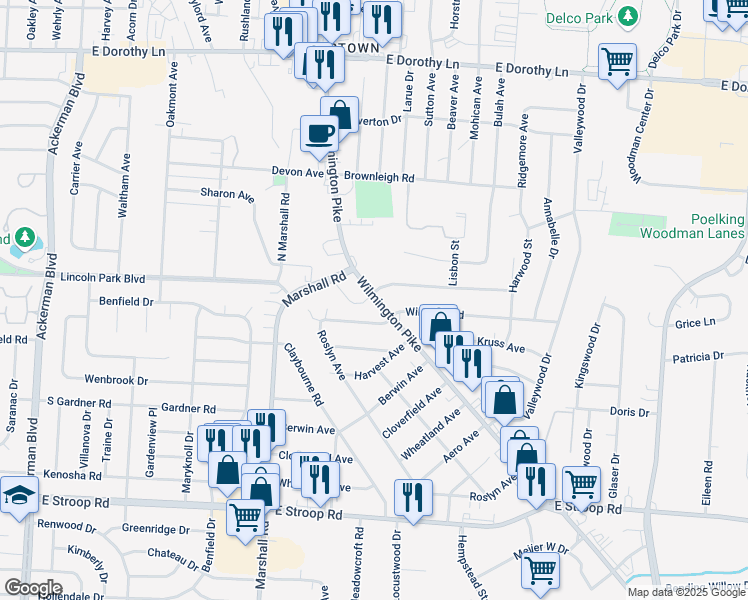 map of restaurants, bars, coffee shops, grocery stores, and more near 3501 Wilmington Pike in Dayton