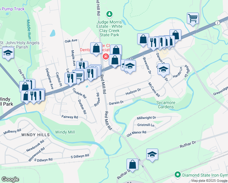 map of restaurants, bars, coffee shops, grocery stores, and more near 418 Brewster Drive in Newark