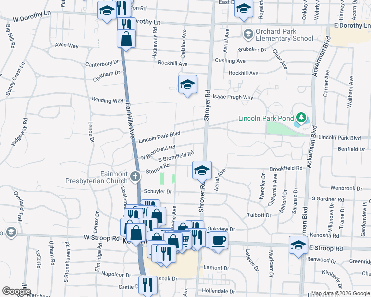 map of restaurants, bars, coffee shops, grocery stores, and more near 313 North Bromfield Road in Dayton