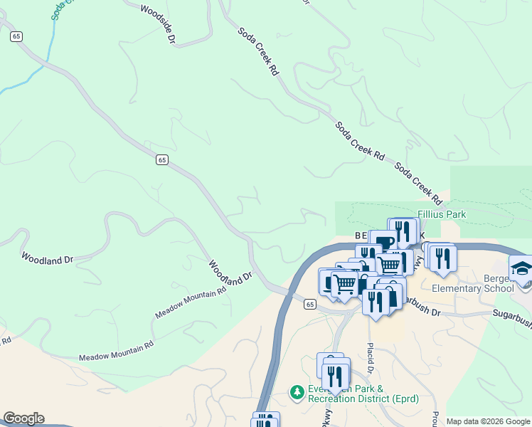 map of restaurants, bars, coffee shops, grocery stores, and more near 1086 County Road 65 in Evergreen