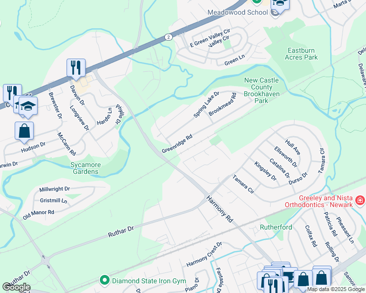 map of restaurants, bars, coffee shops, grocery stores, and more near 11 Greenridge Road in Newark