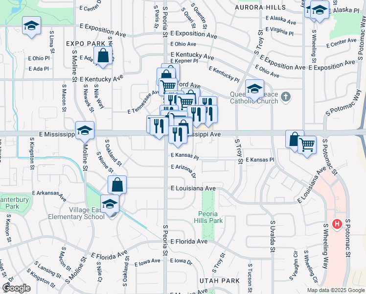 map of restaurants, bars, coffee shops, grocery stores, and more near 12200 East Mississippi Avenue in Aurora