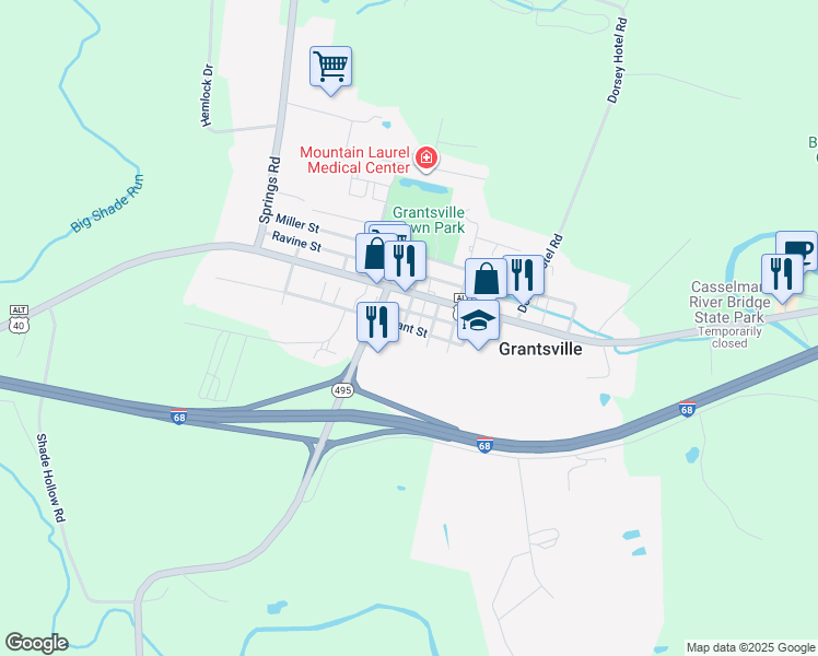 map of restaurants, bars, coffee shops, grocery stores, and more near 151 Grant Street in Grantsville