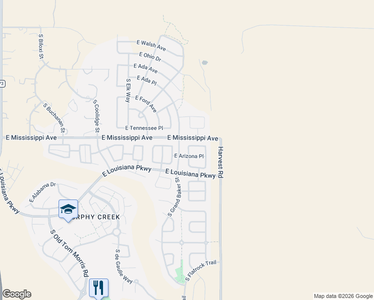 map of restaurants, bars, coffee shops, grocery stores, and more near 24661 East Kansas Circle in Aurora