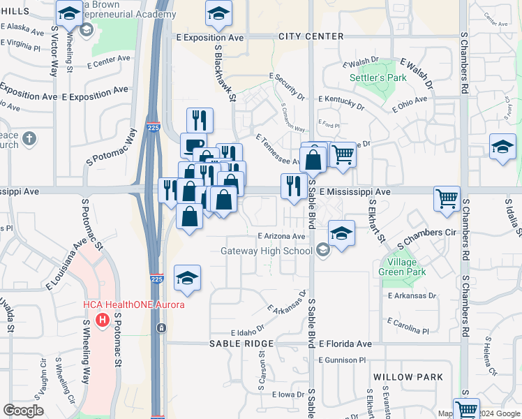 map of restaurants, bars, coffee shops, grocery stores, and more near 1 East Mississippi Place in Aurora