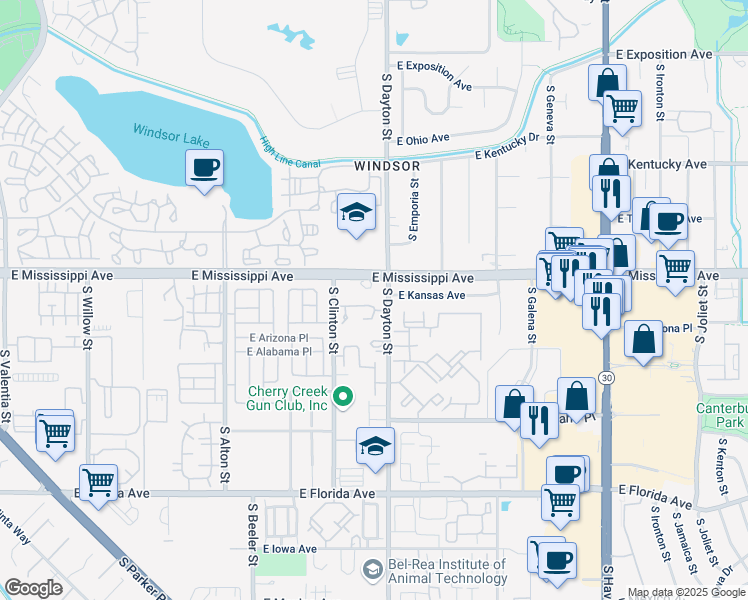 map of restaurants, bars, coffee shops, grocery stores, and more near 9650 East Mississippi Avenue in Denver