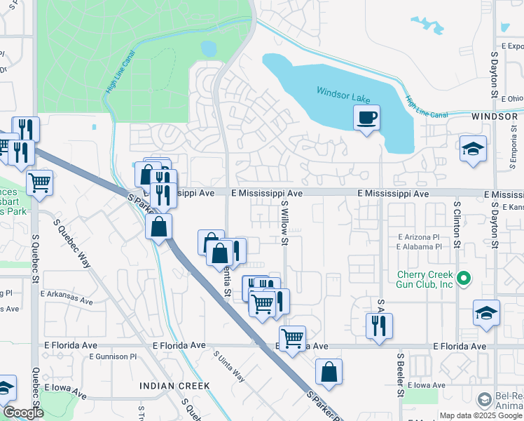map of restaurants, bars, coffee shops, grocery stores, and more near 8420 East Mississippi Avenue in Denver