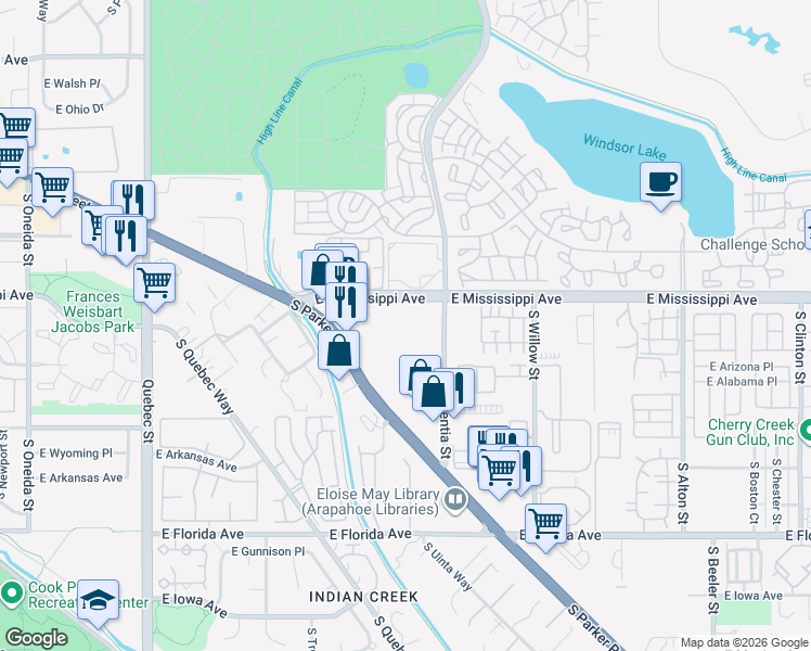 map of restaurants, bars, coffee shops, grocery stores, and more near in Denver