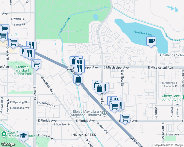 map of restaurants, bars, coffee shops, grocery stores, and more near in Denver