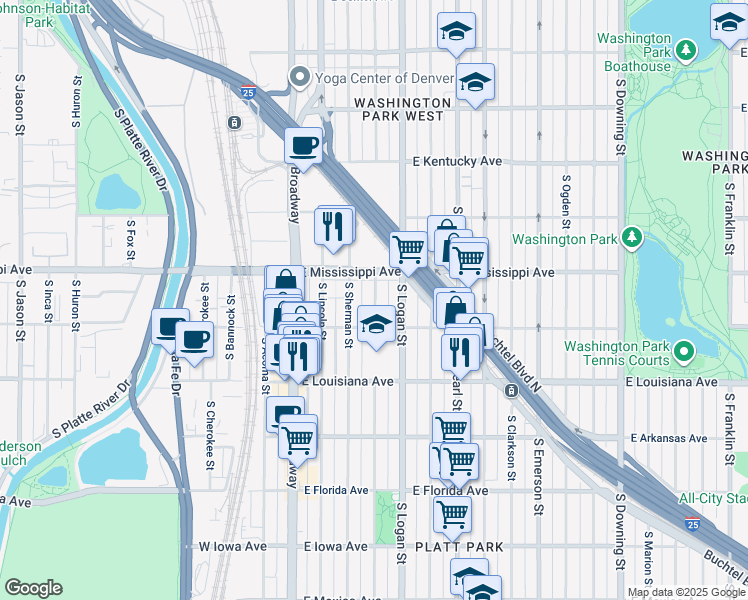 map of restaurants, bars, coffee shops, grocery stores, and more near 1126 South Grant Street in Denver