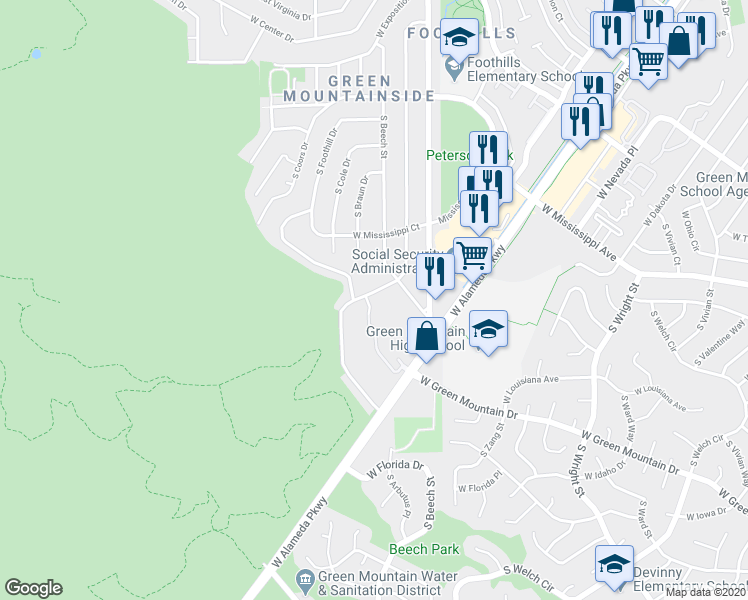map of restaurants, bars, coffee shops, grocery stores, and more near 1132 South Arbutus Street in Denver