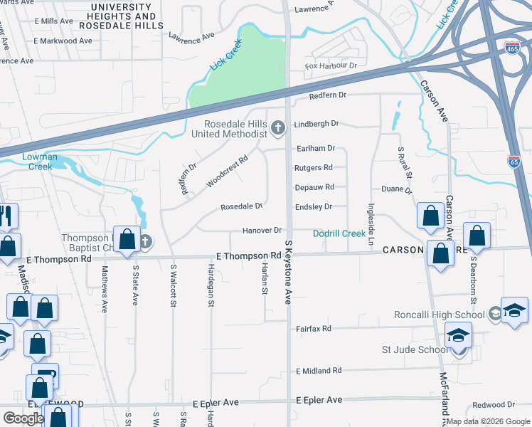 map of restaurants, bars, coffee shops, grocery stores, and more near 2127 Rosedale Drive in Indianapolis