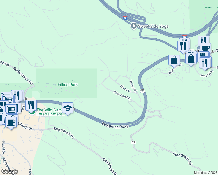 map of restaurants, bars, coffee shops, grocery stores, and more near 30343 Pine Crest Drive in Evergreen