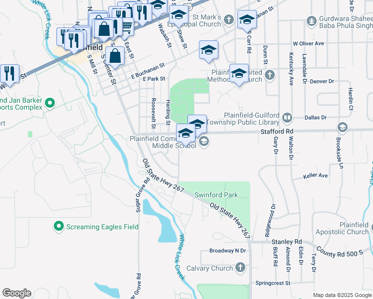 map of restaurants, bars, coffee shops, grocery stores, and more near 709 Stafford Road in Plainfield