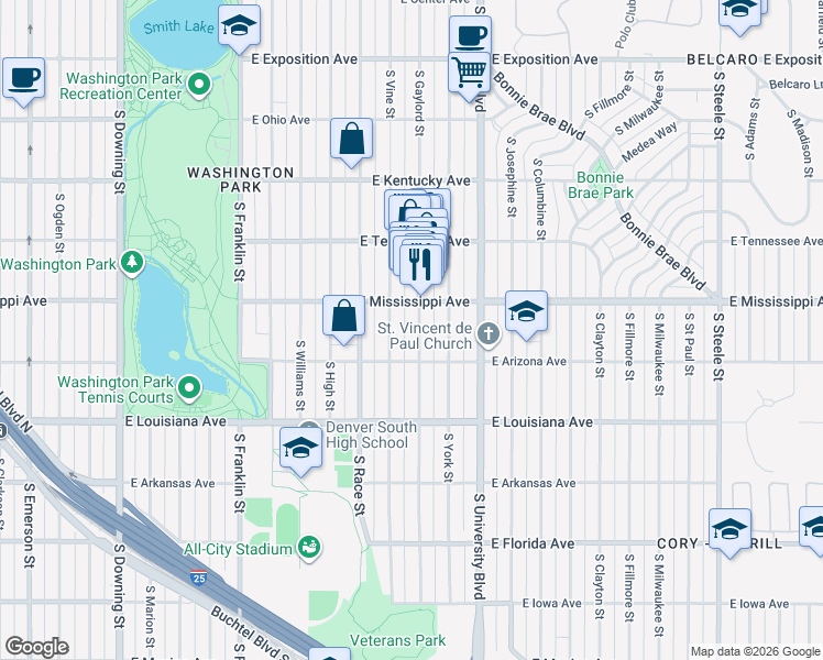 map of restaurants, bars, coffee shops, grocery stores, and more near 1126 South Vine Street in Denver