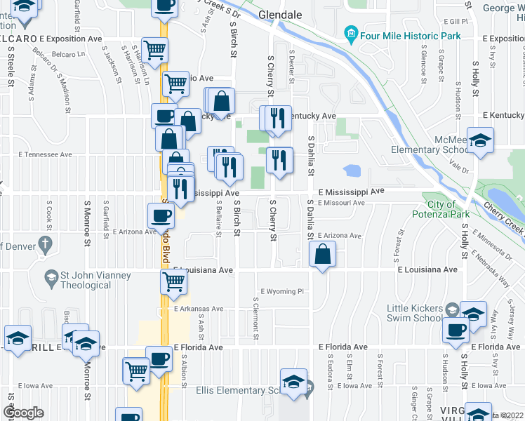 map of restaurants, bars, coffee shops, grocery stores, and more near 1105 South Cherry Street in Denver