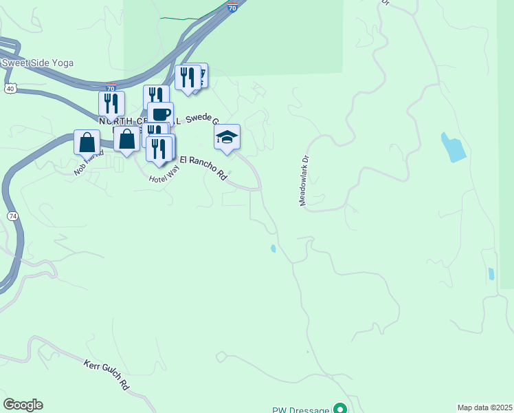 map of restaurants, bars, coffee shops, grocery stores, and more near 1055 El Rancho Road in Evergreen