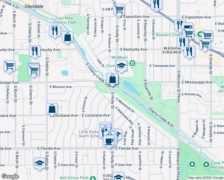 map of restaurants, bars, coffee shops, grocery stores, and more near 9200 East Cherry Creek South Drive in Denver