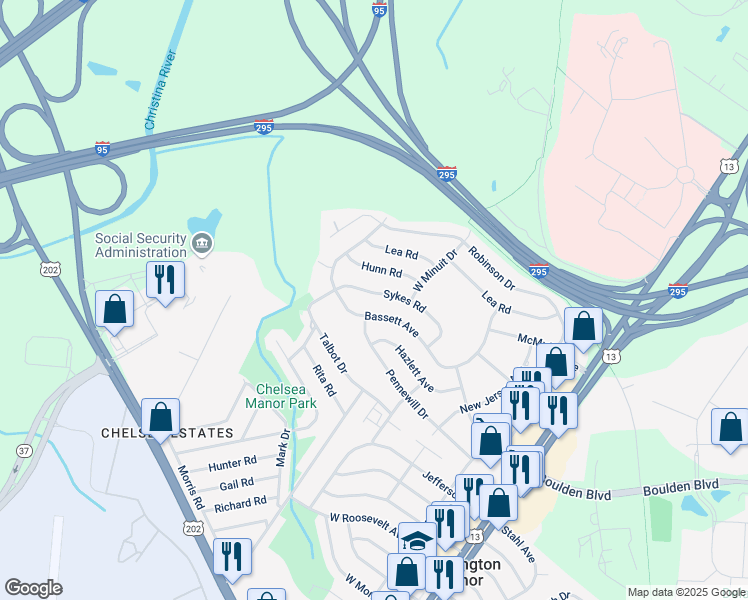 map of restaurants, bars, coffee shops, grocery stores, and more near 233 Sykes Road in Wilmington Manor