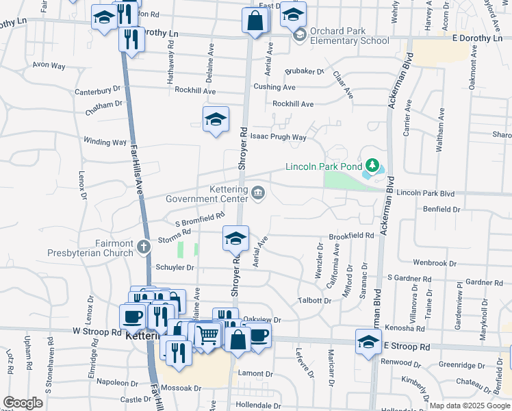 map of restaurants, bars, coffee shops, grocery stores, and more near 3600 Shroyer Road in Dayton